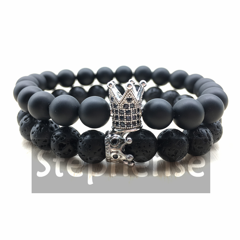 

CZ0001 Vintage Design Crown Charm Bracelet Natural 8 mm Black Onyx Bracelet Energy Jewelry High Quality Lovers Couple Bracelet