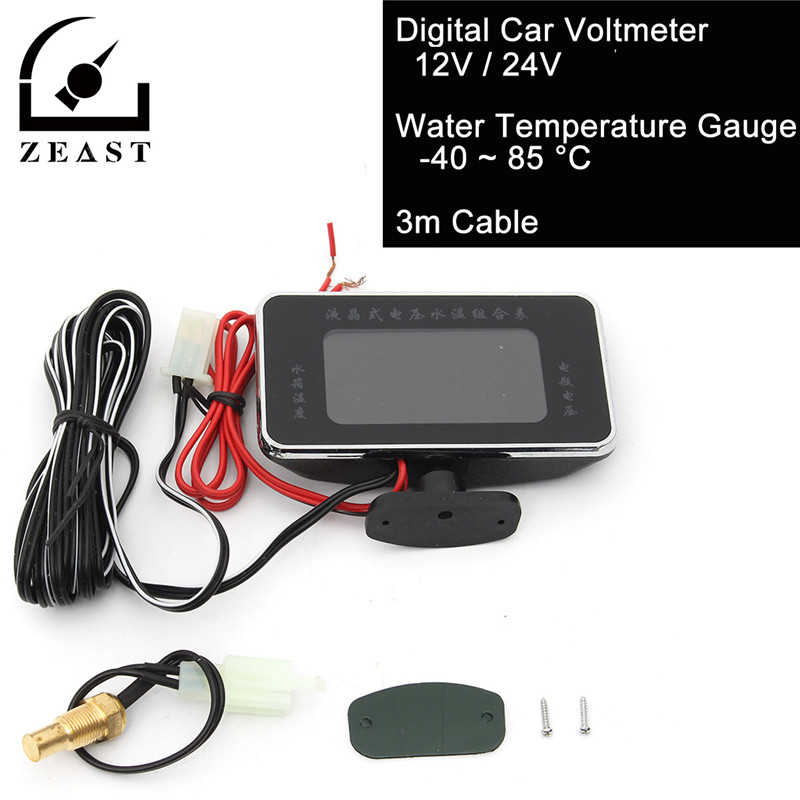 12V//24V Car 2 in 1 LCD Digital Display Voltmeter Water Temp Temperature Gauge