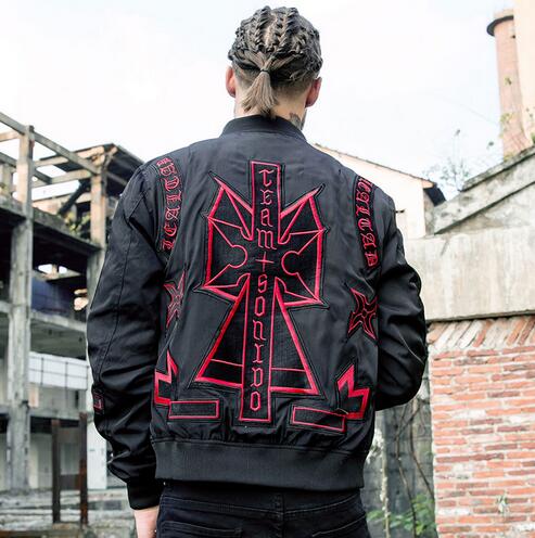 

autumn/winter High Street Men's Clothing Bomber jackets Sanskrit alphabet Embroidery Loose Hip Hop Coats Jacket cotton-padded clothes, Black@white