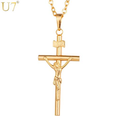 

U7 Cross Necklace Men/Women Jewelry Christmas Gift Wholesale Trendy Silver/Gold Color INRI Crucifix Jesus Chain & Pendant P327