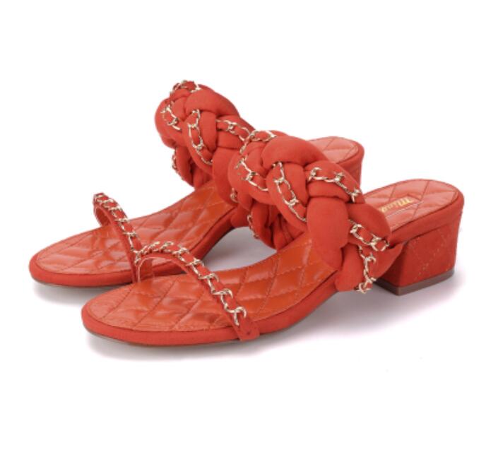 

Women slippers Top quality Fashion Brands Genuine Leather Luxury metal chain summer Lady Sexy classic diamond lattice Simple Slippers, Orange red 7.50cm heel