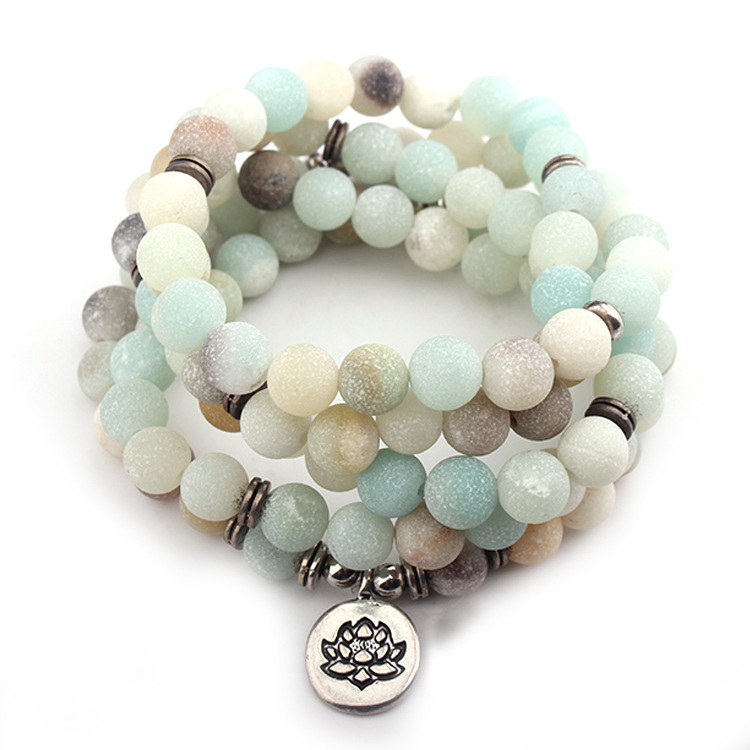 

Fashion Women`s bracelet Matte Frosted Amazonite beads with Lotus OM Buddha Charm Yoga Bracelet 108 mala necklace