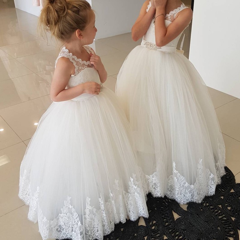 

White Ball Gown Birthday Dress With Beads Sash Jewel Neck Sleeveless Lace Appliques Tulle Flower Girls Dresses Lovely First Communion Dress, Ivory
