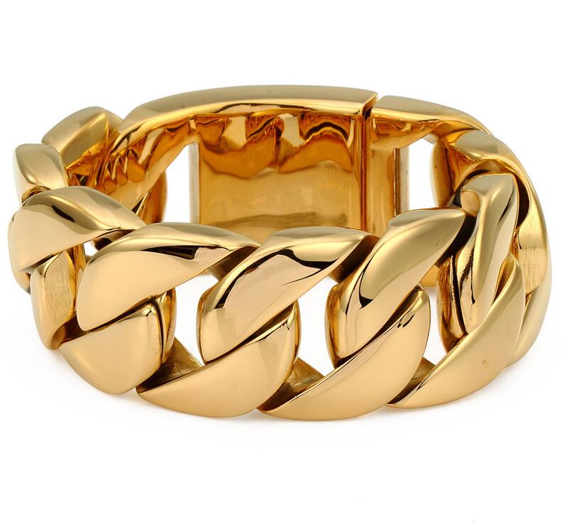 

31mm Width Punk Mens Gold Plated Super Heavy Thick 316L Stainless Steel Round Curb Cuban Chain Bracelet titanium steel bangle jewelry gift, Black