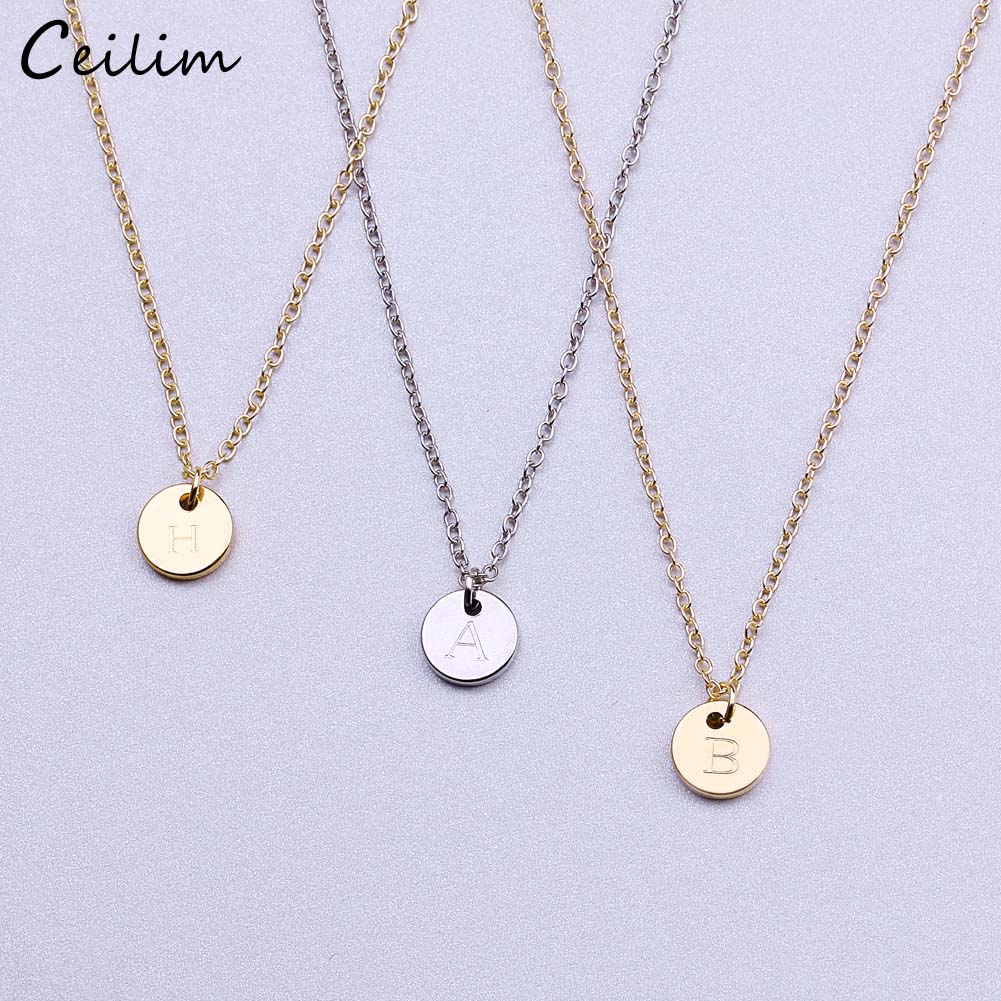 

26 Letters Initial Necklace Silver Gold Color Disc Necklace Alphabet Women Kolye Collier Friends Family Letter Necklace Jewelry Wholesale