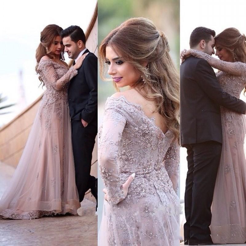 

2018 Long Sleeves Vintage Arabic Lace Appliques Prom Dresses Pearls Beaded A Line Sexy Floor Length Ladies Evening Party Gowns Custom, Light sky blue