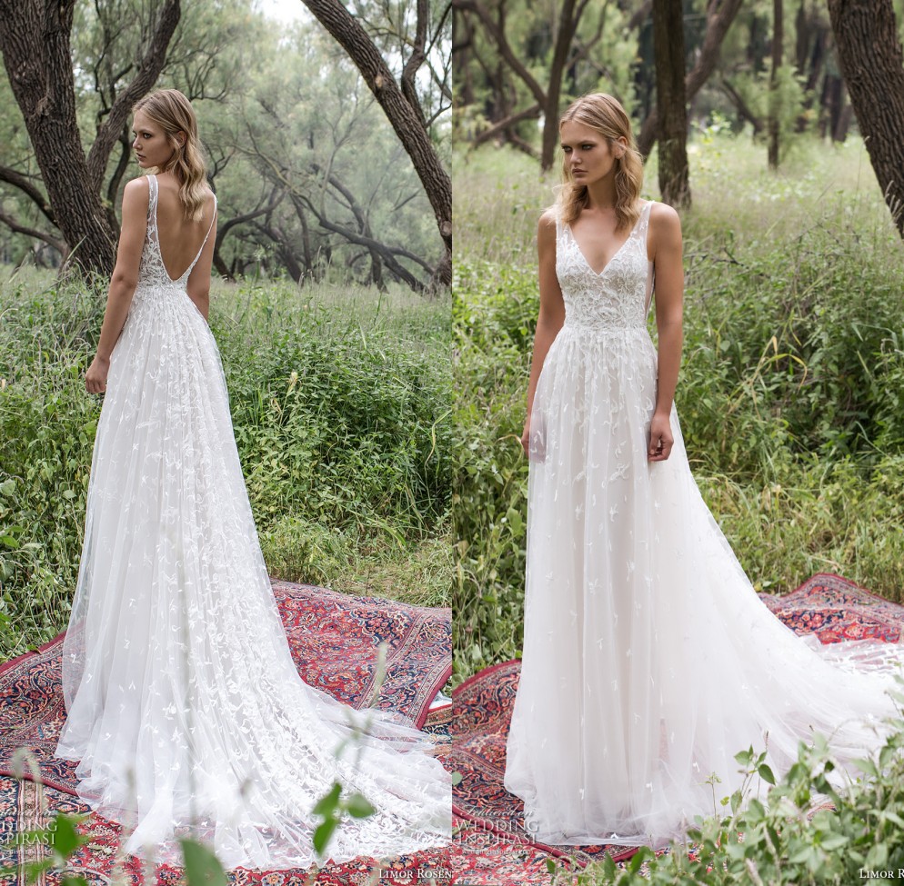 

New Country Style Wedding Dresses Sexy V Neck Backless Full Lace Bridal Gowns Wedding Dress Sweep Train, White