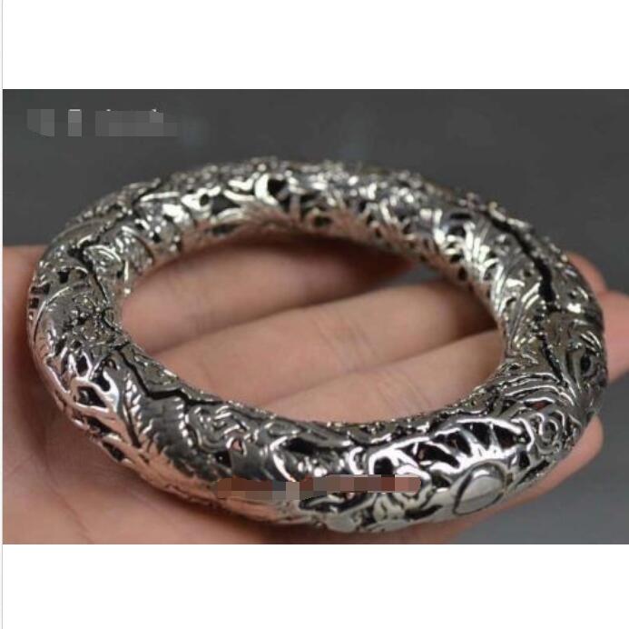 Rare a pair tibet silver carved fu flowers bracelet bangle