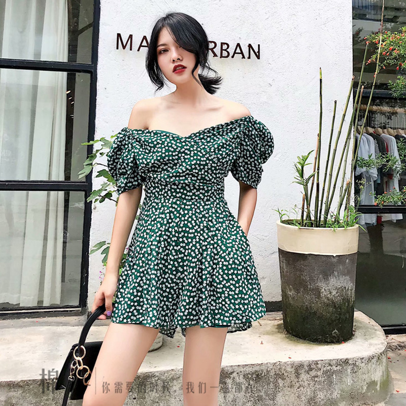New european design women's French style v-neck puff short sleeve green floral print slim waist shorts chiffon jumpsuit rompers-image-419257100