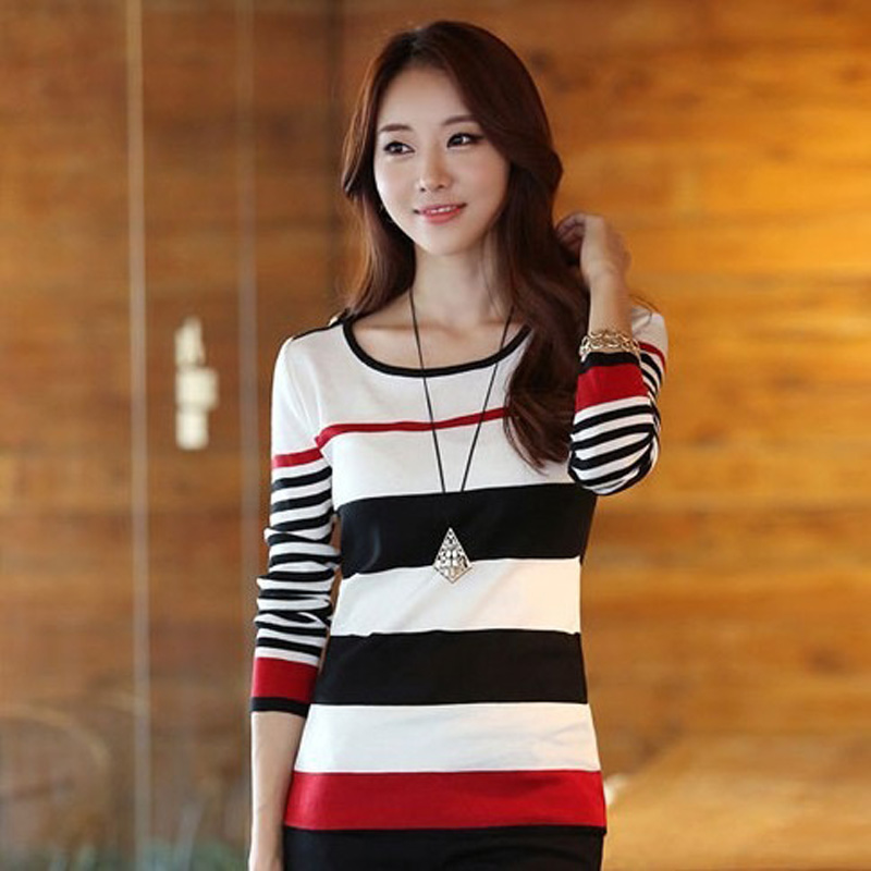 

Women Stripe Shirts Long Sleeve Tees Ladies Pullover Round Neck tee shirt femme Tops Plus Size T Shirts, Blue