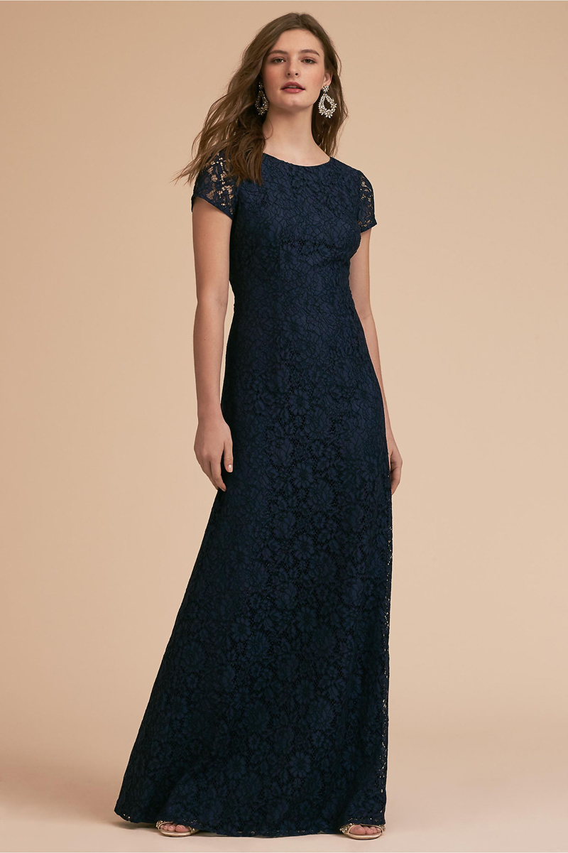 

Dark Navy Lace Mother of the bride dresses Elegant Crew Short Sleeves Zipper Back Floor Length mother of the bride dress Cheap