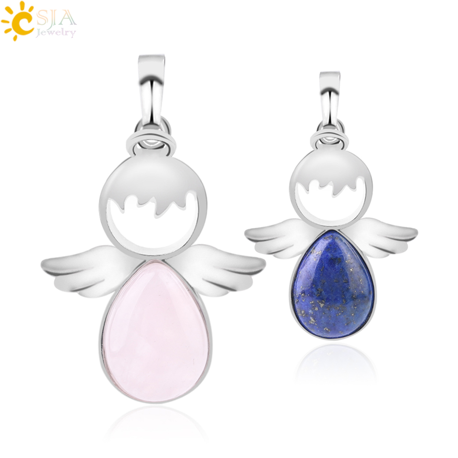

CSJA Fairy Tale Angel Wing Charms Pendant for Women Girls Water Drop Natural Gemstone Jewelry Lovely Angels Statement Necklace Pendants F753, Silver