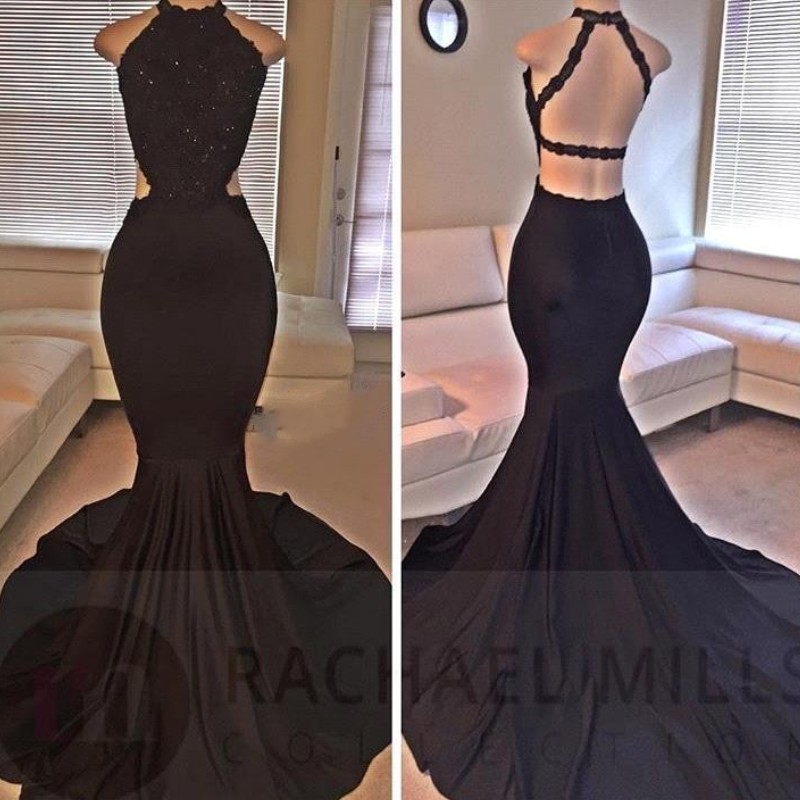 2K18 Sexy Sirène Longue Robe De Bal Halter Neck Dentelle Applique Dos Nu Fente Satin Robes De Soirée Glamour Attrayant Sans Manches Robe De Fête
