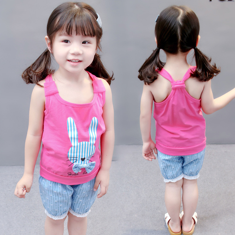 

2PCS Toddler clothing sets Baby Girls Summer Sleeveless Rabbit T-shirt Tops Pants Shorts Pants Set Clothes Kids Outfit 1-4Y, Pink