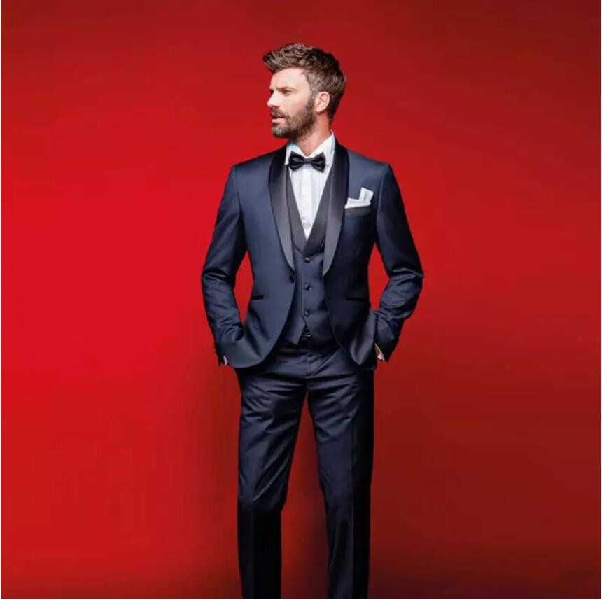 Classy Navy Blue Wedding Tuxedos Slim Fit Suits For Men Groomsmen Suit Three Pieces Cheap Prom Formal Suits (Jacket +Pants+Vest+Bow Tie)
