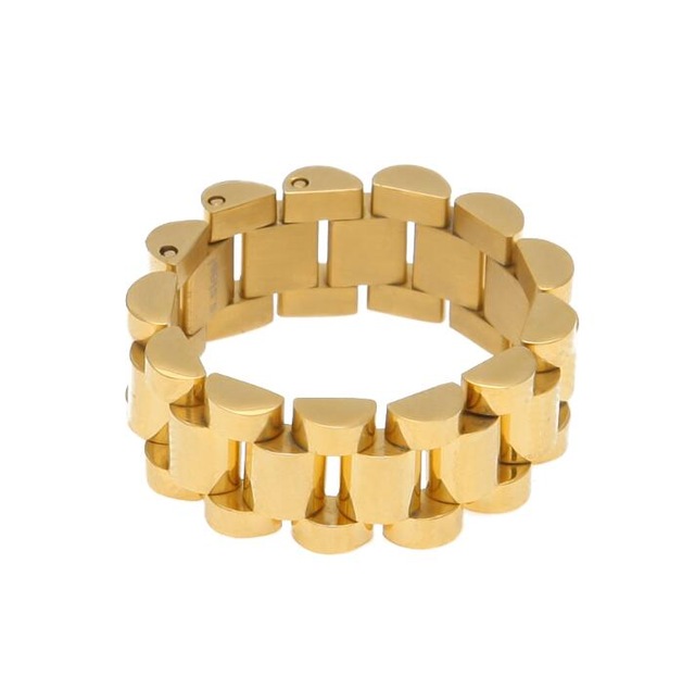 

Top Quality Size 8-12 Hip Hop Melody Ehsani Band Ring Men's Stainless Steel Gold Color President Watchband Link Style Ring