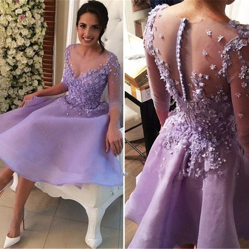 

Fairy Lavender Prom Dresses 3-D Floral Appliqued Sheer Illusion Jewel Long Sleeves Evening Gown Knee Length Short Formal Party Gowns