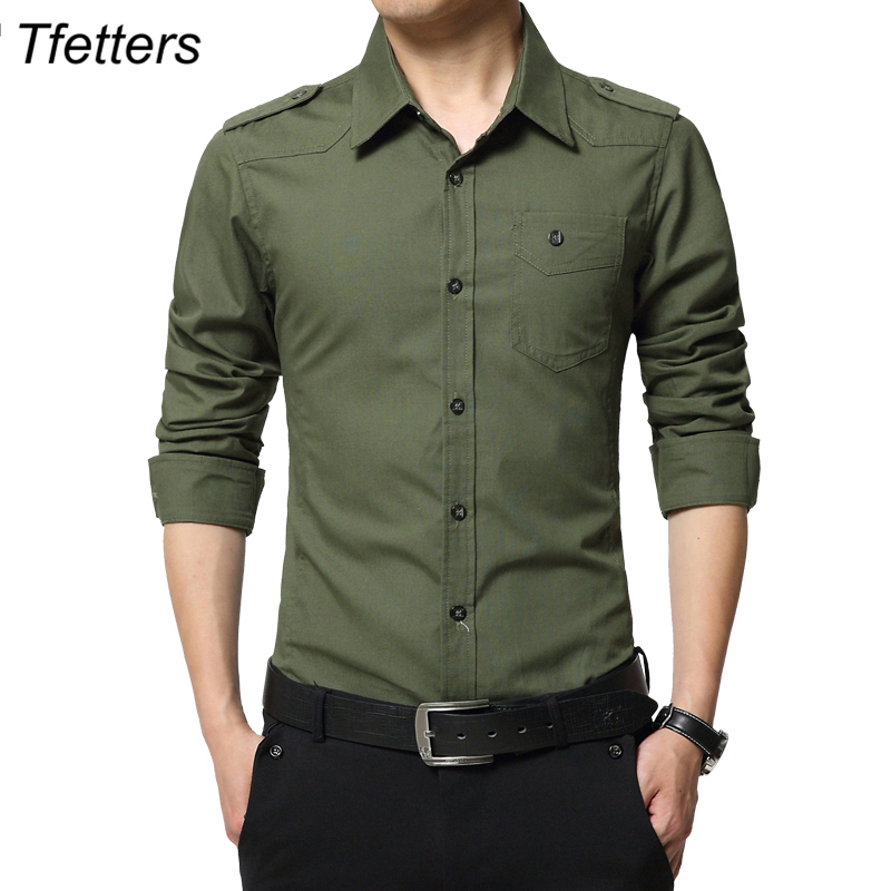 

TFETTERS Men's Shirt Epaulette Fashion Full Sleeve Epaulet Shirt Style 100% Cotton Army Green Shirts with epaulets