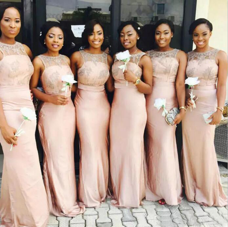 

African 2018 Blush Pink Chiffon Mermaid Bridesmaid Dresses Long Cheap Lace Sheer Crew Long Maid Of Honor Gowns Custom Made China EN12292