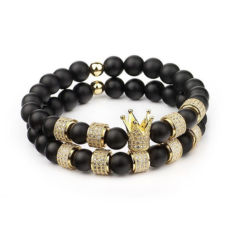 Micro Inlay Zircon Art Stopper Hommes Couronne Charme Bracelet Perles Naturelles Bracelet Bouddha pour femmes Pulseras Masculina