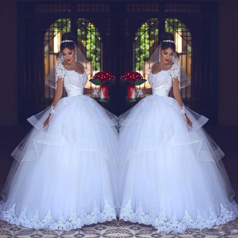 

2018 Ball Gown Wedding Dresses Puffy Illusion Long Sleeves Lace Appliques Beaded Tiered Ruffles Tulle Arabic Plus Size Formal Bridal Gowns, Ivory