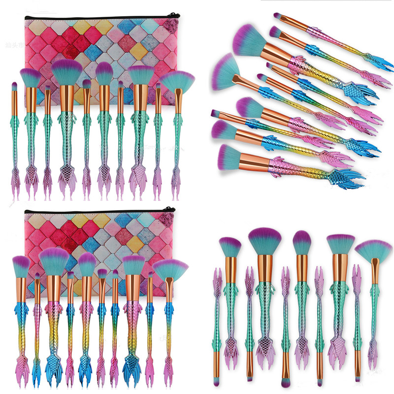 

Mermaid Fish Makeup Brush Set Kit Cosmetic Beauty Tool Foundation Eyeshadow Face Powder Rainbow Make Up Brushes Sets with bag