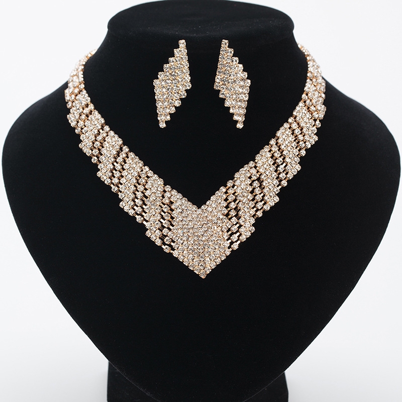 

exquisite Bridal Crystal Necklace White Rhinestones Mosaic Wedding Dress Jewelry Lady Earrings Necklace Set model Dress accessories, Silver