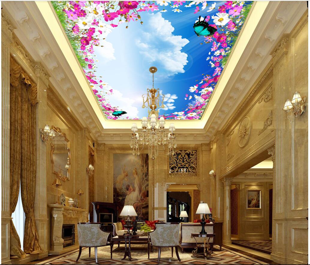 

3d ceiling murals self adhesive wallpaper custom mural Fresh flowering branch butterfly white cloud living room bedroom ceiling zenith mural, Sky blue