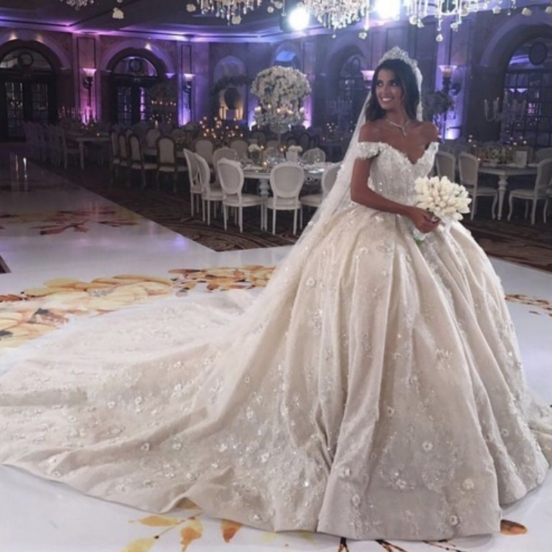 

Arabia Ball Gown Wedding Dresses Crystal Beads Petals Lace Applique Bridal Gown Gorgeous Off Shoulder Chapel Train Plus Size Wedding Gown, Champagne