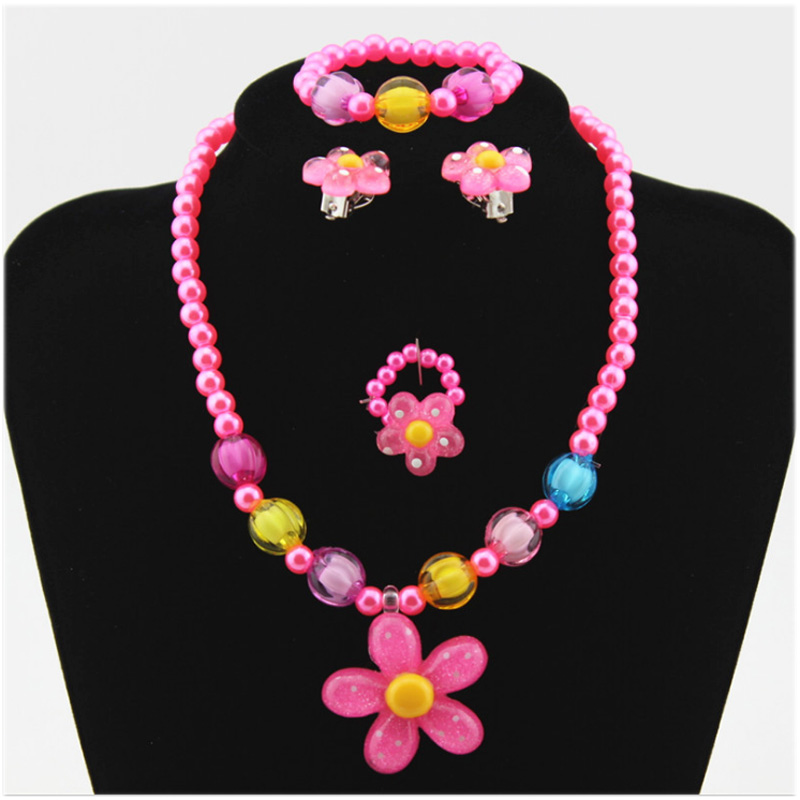 Mignon enfants fleur collier Bracelet anneaux boucles d'oreilles ensemble de bijoux Imitation perles perles bijoux en perles enfants filles cadea
