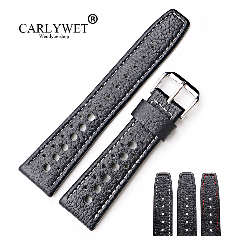 CARLYWET 20 22mm Real Calf Leather Handmade Black with White Red Stitches Wrist Watch Band Strap Belt-image-414610735