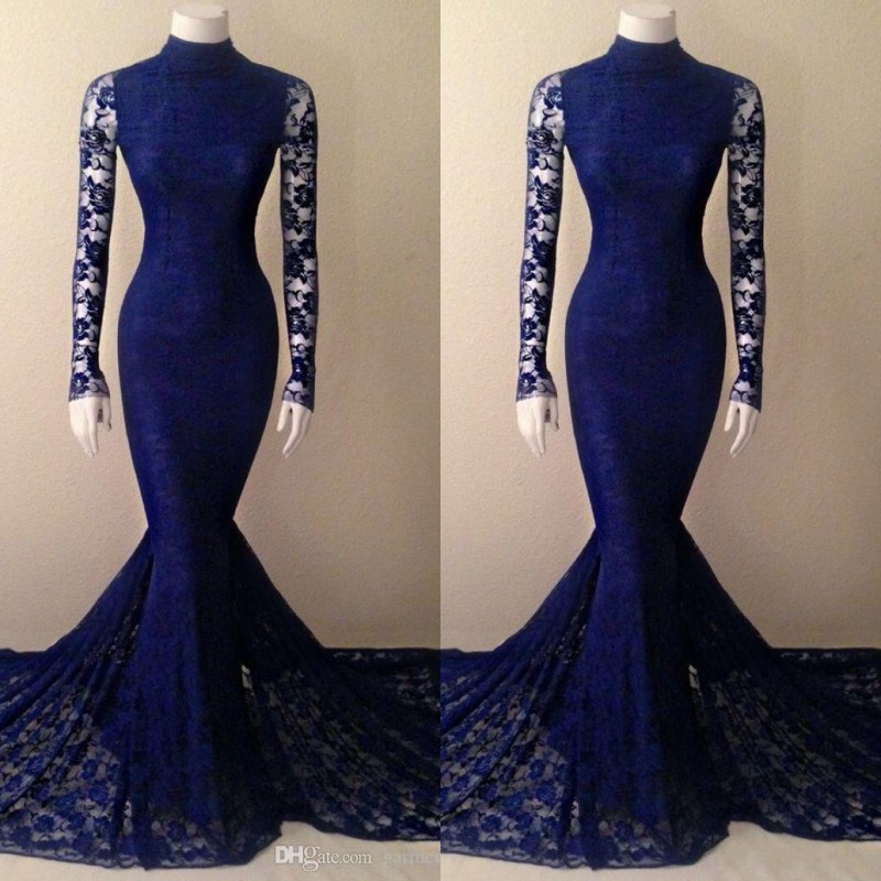 

2018 Royal Blue Lace Mermaid Prom Dress High Neck Fishtail Court Train Sheer Long Sleeve Formal Evening Dresses, Hunter