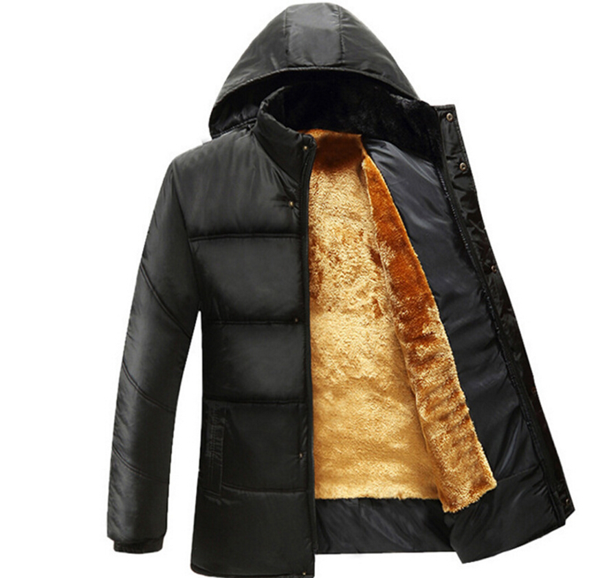 

Father Down Jackets Winter Thicken Warm Fleece Coats Men Hooded Windbreaker Jacket Outerwear Coat, Black with black fleece