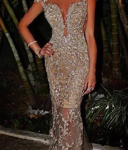 

Sequins Blingbling Arabic Sheer Crew Neck Mermaid Evening Dresses Cap Sleeves See Through Skirt Sexy vestidos de fiesta, Same with picture