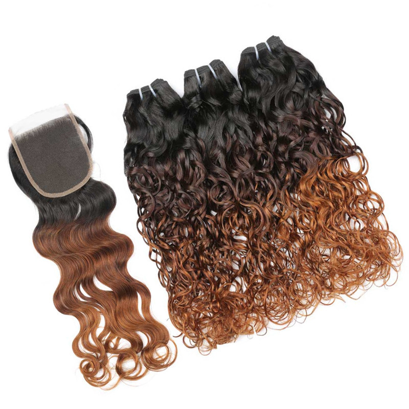 

Wet Wavy #1B/4/30 Auburn Ombre Brazilian Virgin Human Hair 3Bundles with Closure Water Wave 3Tone Ombre 4x4 Lace Closure with Weaves, #1b/4/30 ombre color