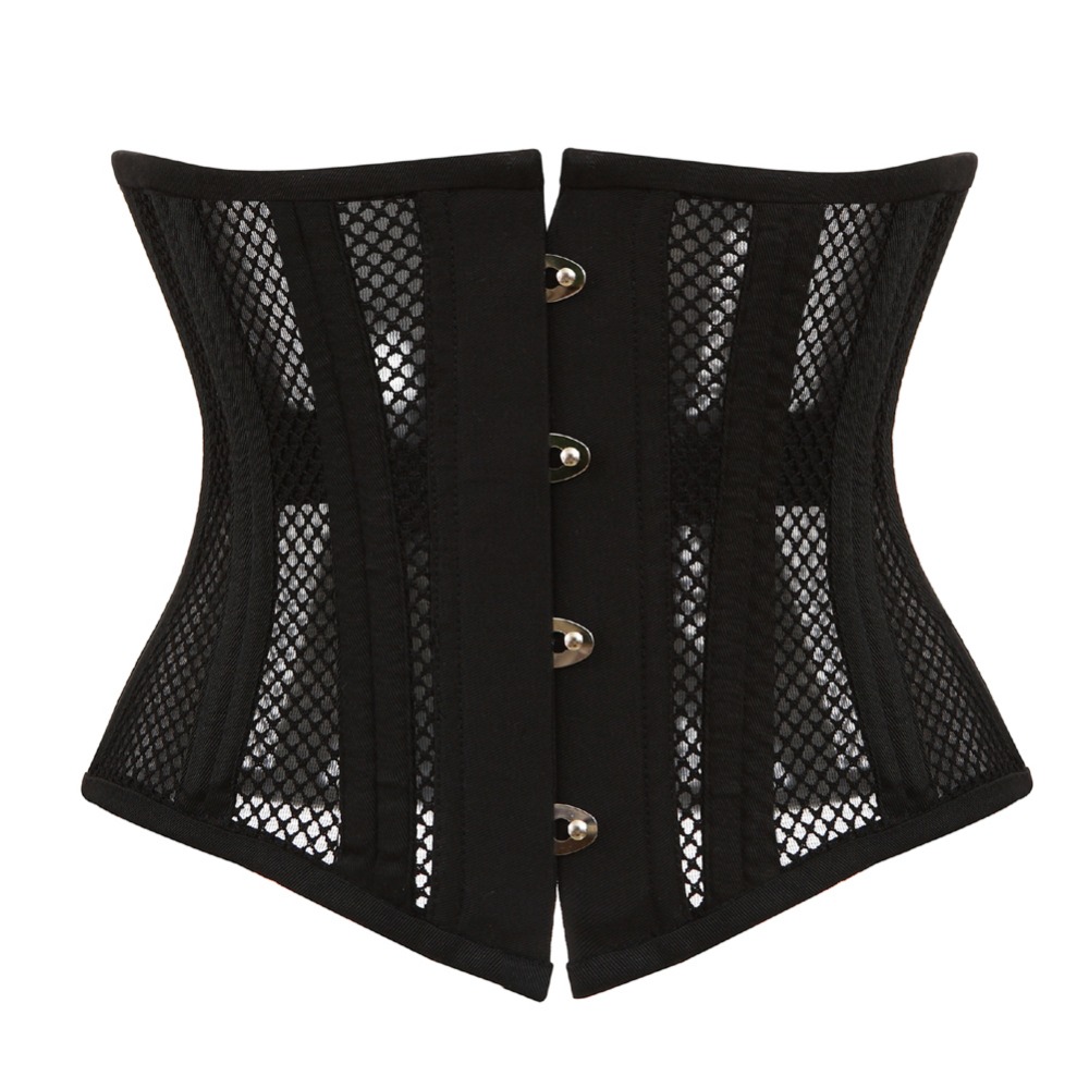 

2018 Women Full Steel Boned Black Corset Bustier Waist Mesh Under bust Free Shipping, As pic