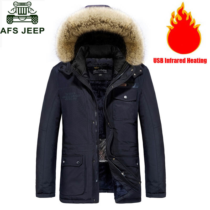 Afs Jeep Winter Jacket Men Parkas Coat Thick Warm Fleece Hooded Jacket USB Infrared Heating Electric Thermal Jacket Men Clothing C18111301