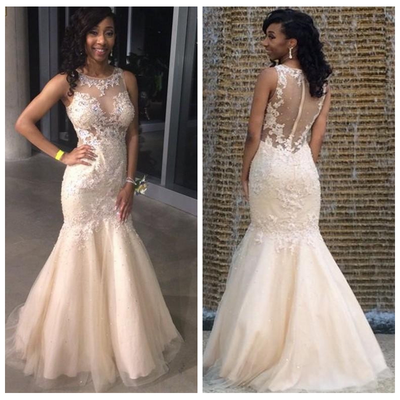 

Champagne Prom Dresses Long 2018 Lace Appliques Beaded Black Girls Evening Gowns Dubai Jewel Neck Sexy Illusion Back Mermaid Party Wear, Green