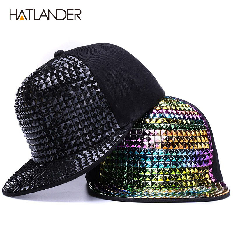 Bling Bboy Caps Hiphop Flat Peak Snapback Baseball Cap Hat Silver Stud // Black