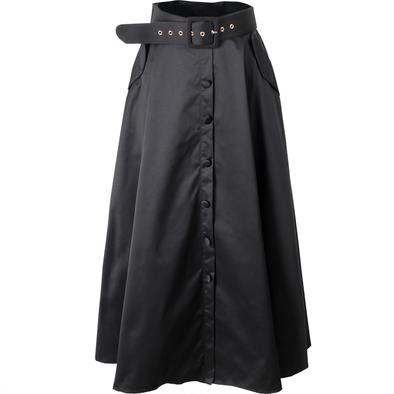 

High Waist single breasted Pleated Long Maxi Skirt Women Swing Skirts, Black