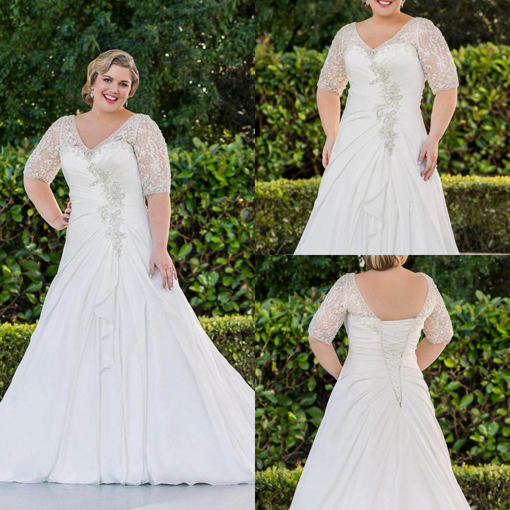 

New Plus Size A Line Wedding Dresses With Half Sleeves Chiffon Appliqued Crystal Beaded Bridal Gowns, White