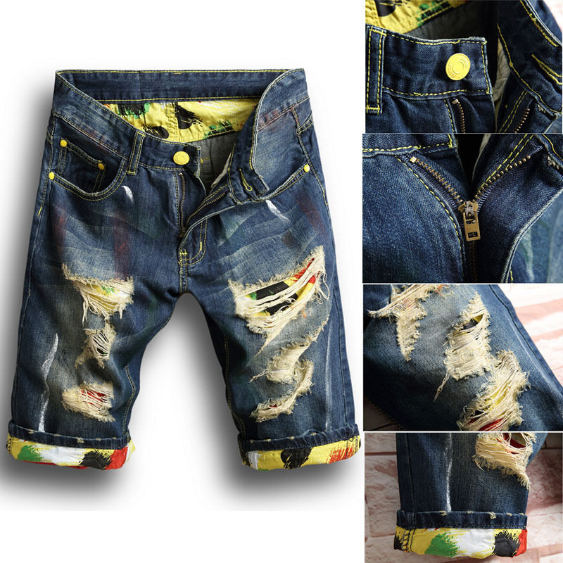 

New arrival Men Washed denim shorts Stylish Short Ripped Jeans Pants Biker Skinny Slim Straight Denim Shorts, Blue