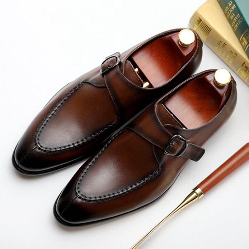 

New Vintage Designer Man Wedding Shoes Genuine Leather Monk Strap Footwear Men's Round Toe Formal Dress Flats For Male, Black