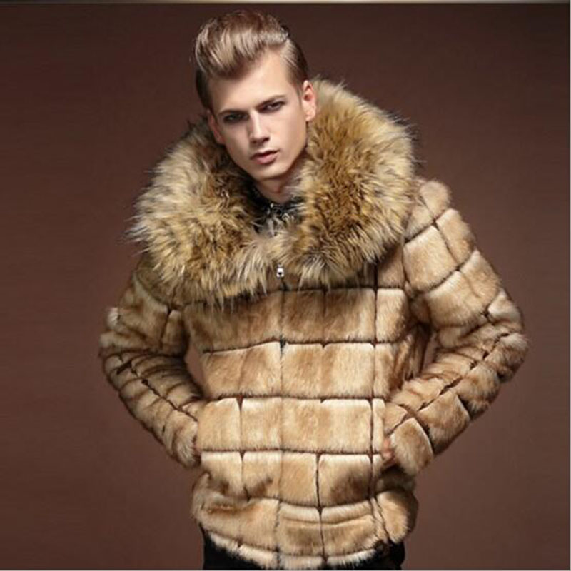 

KaLeB Mens Luxury Faux Fur Winter Big Fur Collar Slim Fit Short Thick Coat Casual Jacket Hip Length Parka Outwear Overcoat, Brown