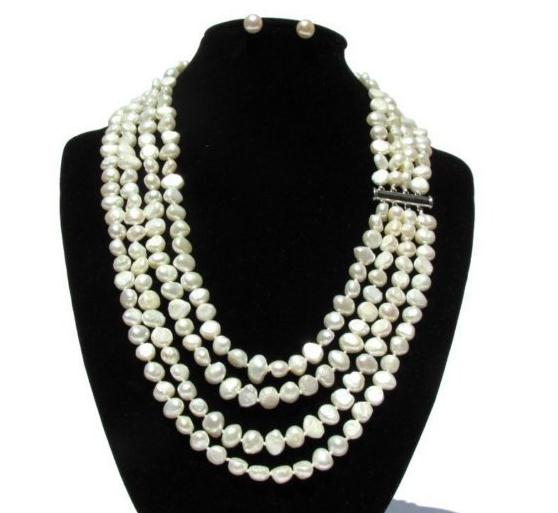 

New Arriver Real Pearl Jewellery Set ,7-8mm White BaroqueGenuine Freshwater Pearl Necklace Earrings,Bridesmaids Brides