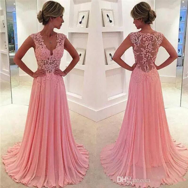 Mode Mousseline De Soie Fluide Robes De Bal Soirée Longue Maxi Robes Femmes Homecoming A-ligne Appliques Retour Transparent Plissée Robe De Soiré