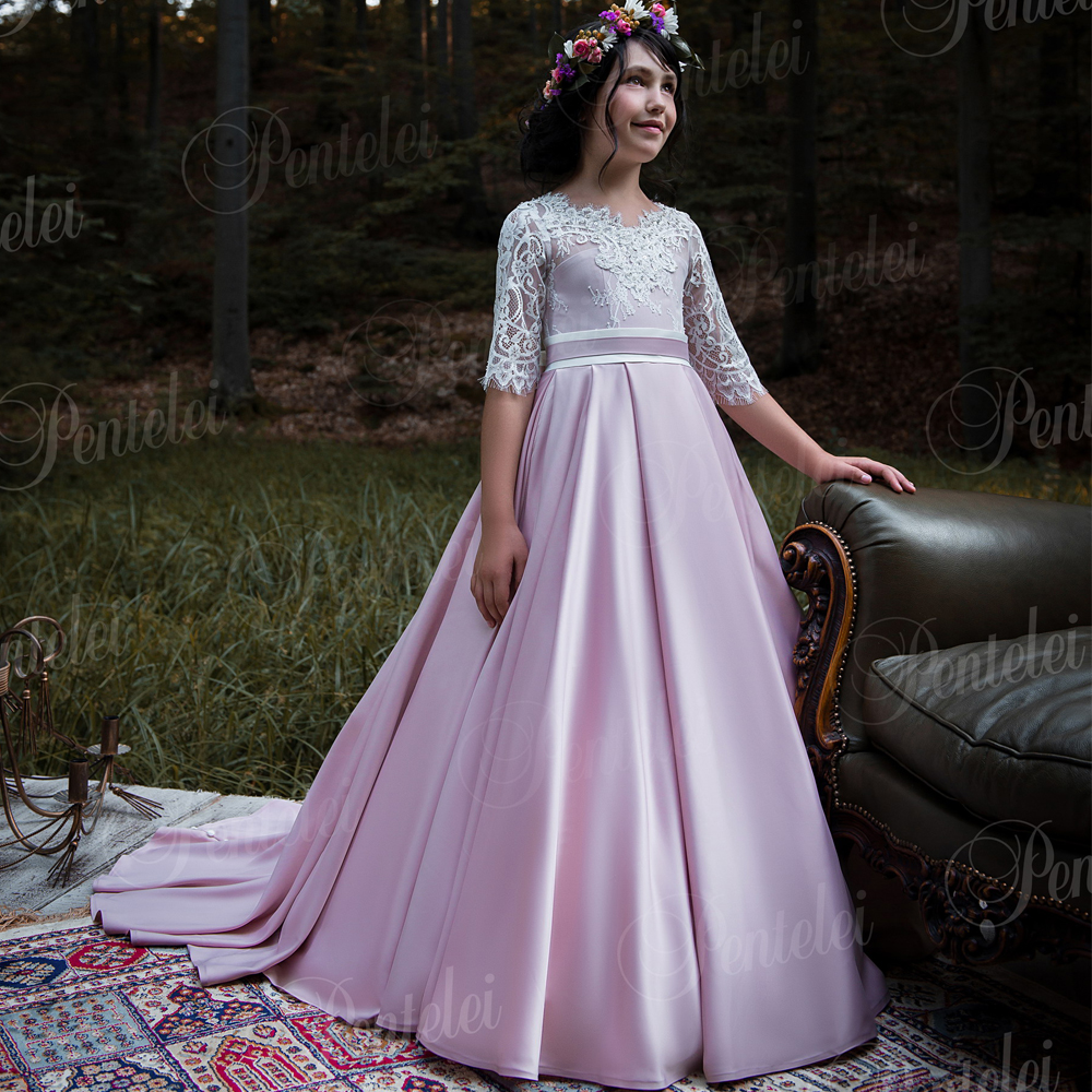 

Romantic Purple Puffy Satin Half Sleeves Flower Girl Dress for Weddings Organza Ball Gown Girl Party Communion Dress Pageant Gown 2187, Hunter