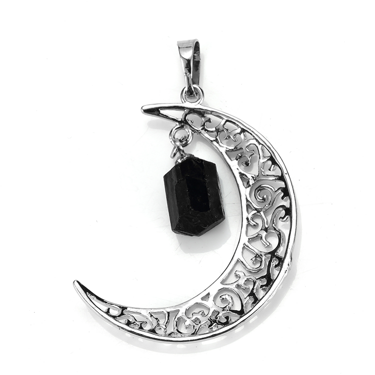 

Wholesale 10 Pcs Unique Silver Plated Irregular Shape Natural Black Tourmaline Crescent Moon Stone Pendant Charm Jewelry