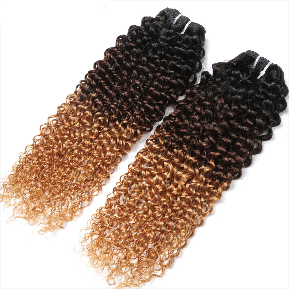 

Brazilian Human Virgin Hair Weft Ombre 1b/4/27 Brown Blonde Kinky Curly Weaves Double Drawn 100g One Bundle, Ombre color