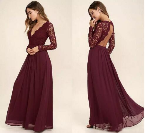 

Lace Burgundy Bridesmaid Dresses Chiffon Skirt Illusion Bodice Long Sleeves A-Line Junior Bridesmaid Dresses Cheap BA6895